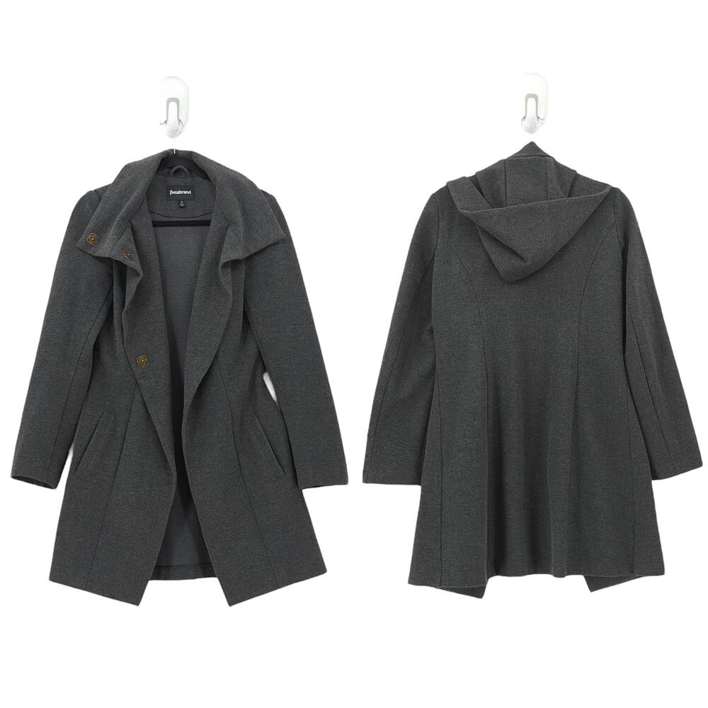 Betabrand Women S All Day Coat Charcoal Gray Hood Mock Neck Pocket Melissa Fleis